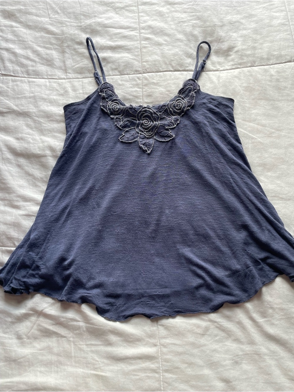 Y2K Blue Floral Applique Swing Tank XS Fairycore Whimsical Feminine Forest Nymph